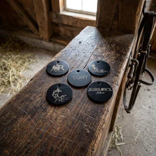 Custom Engraved Tack Tag — Personalized Barn Name, Horse Name, or Logo | 1" Round, Black Ring